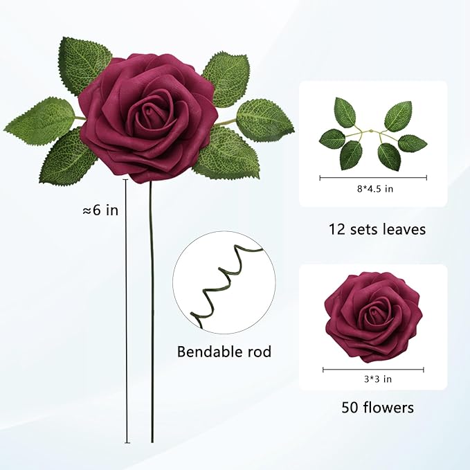 JOYLEX Artificial Flowers Realistic Roses, 50pcs Real Looking Fake Roses with Stem for DIY Wedding Bouquets Centerpieces Bridal Shower Party Home Romantic Decorations (Wine Red)