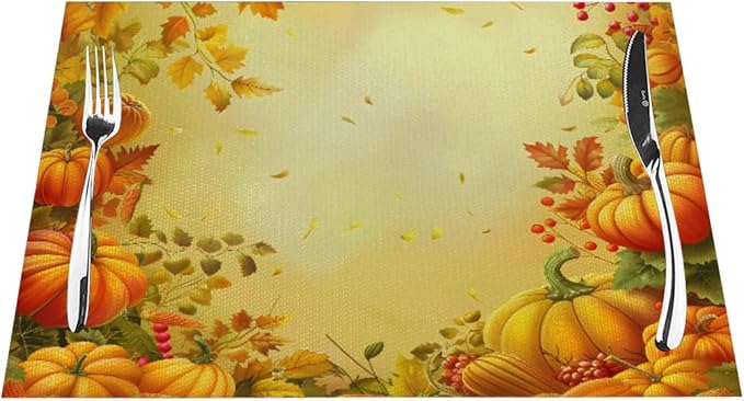 PVC Placemats Set of 4 Wipeable Table Mats Washable Heat Resistant Non Slip Vinyl Dining Table Mat for Kitchen Indoor Outdoor Patio Farmhouse Place Mats Thanksgiving Pumpkin Leaf Decorative