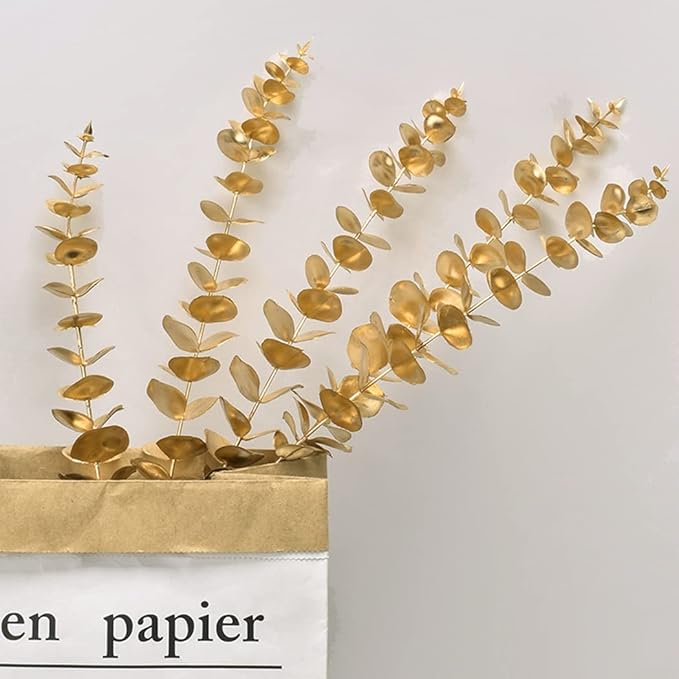 PASYOU Artificial Plants for Christmas Decor, Fake Gold Eucalyptus Plastic Grass Pick Shrubs Leaves Indoor Outdoor Home Garden Party Hotel Wedding Event Faux Table Decoration - 20 Inch Golden 10 Pack