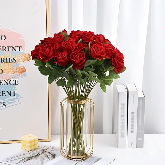 Artificial Roses 12PCS Velvet Rose Real Touch Long Stem Fake Flowers Bulk for Flower Arrangement Wedding Home Party Decor (Red)