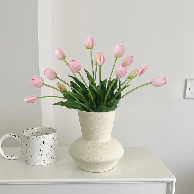 15 Pcs Light Pink Artificial Flowers Tulips Real Touch Latex Plastic Soft Faux Bouquets for Party, Wedding, Home, Room, Garden Decor