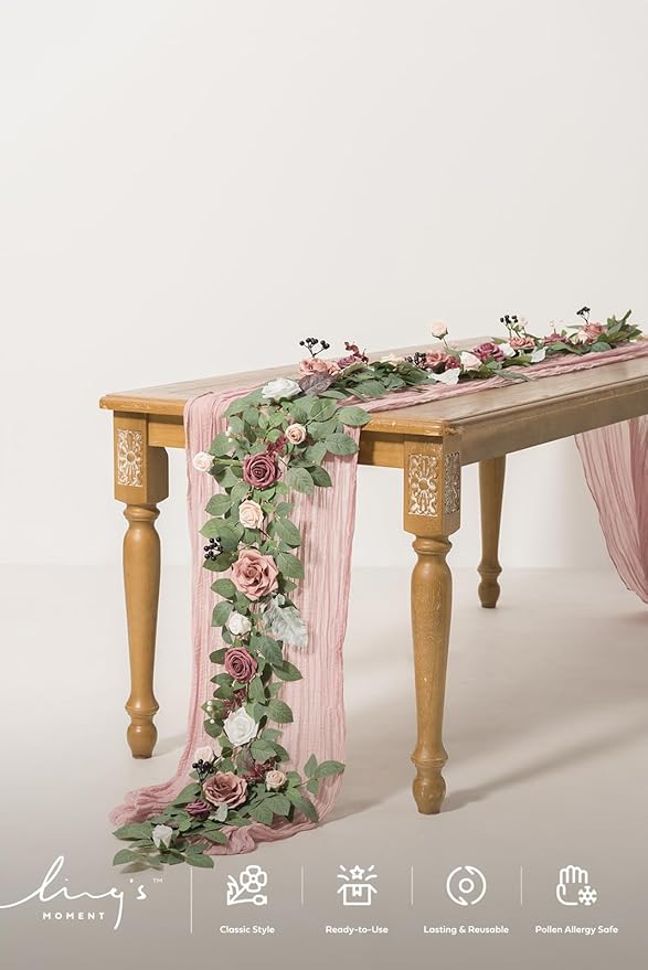 Ling's moment 5FT Artificial Flower Garland Dusty Rose & Mauve Fake Rose Eucalyptus Garland Arch Flowers Vine for Wedding Party Backdrop Home Table Centerpieces Decorations