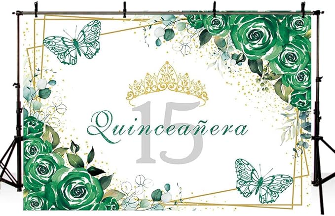 Sendy 7x5ft Quinceañera Backdrop Mis Quince 15 Anos Birthday Party Decorations Supplies for Girl Princess Green Floral Butterfly Gold Crown Photography Background Banner Photo Booth Studio Props