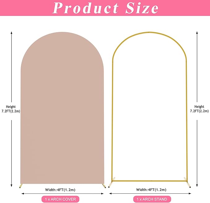 Putros 7.2ft Metal Arch Stand with Cover Nude Pink Spandex Fitted Wedding Arch Cover and Round Top Chiara Backdrop Stand Set for Birthday Party Baby Shower Decoration