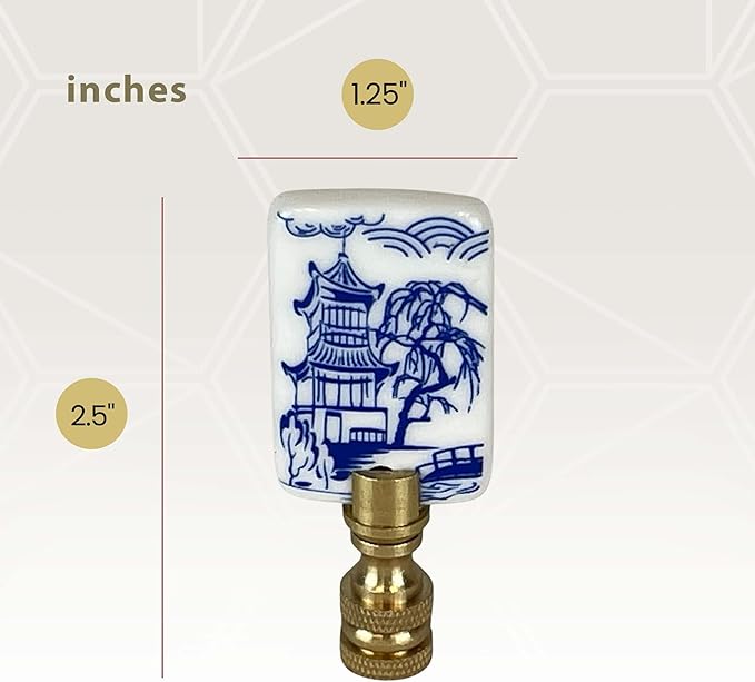 Royal Designs, Inc. Blue & White Porcelain Chinese Garden Design Finial for Lamp Shade, Polished Brass