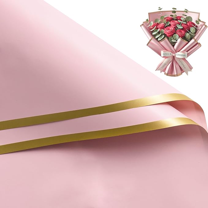 WRAPAHOLIC 20 Sheets Flower Wrapping Paper - 22.4 x 22.4 inch Pastel Pink with Gold Edge Water-Resistant Floral Bouquet Wrapping Paper, Florist Supplies Packaging Paper for Wedding Birthday Gift DIY