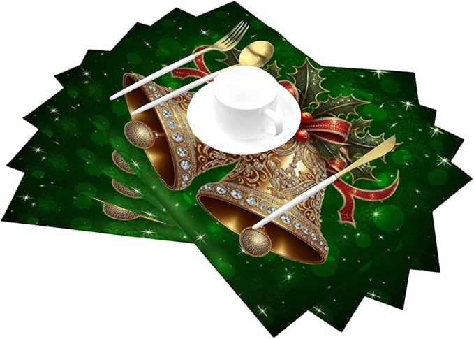 PVC Placemats Set of 1 Wipeable Table Mats Washable Heat Resistant Non Slip Vinyl Dining Table Mat for Kitchen Indoor Outdoor Patio Farmhouse Place Mats Green Christmas Bell Decorative