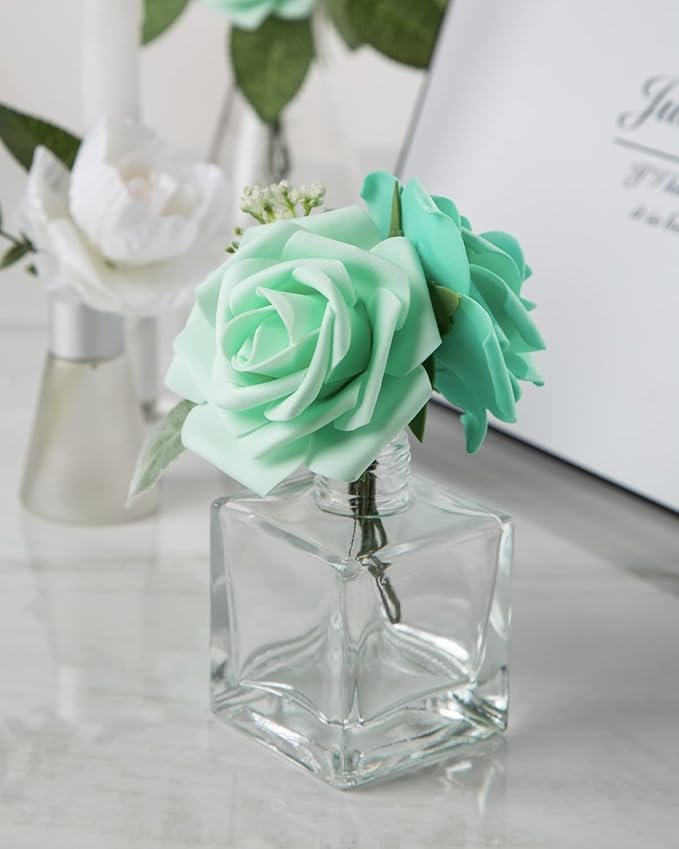 DuHouse 25Pcs Artificial Roses Flowers Fake Roses with Stems Real Touch Foam Flowers for DIY Wedding Bouquet Baby Shower Centerpiece Floral Arrangement Party Home Decor(Mint Green)