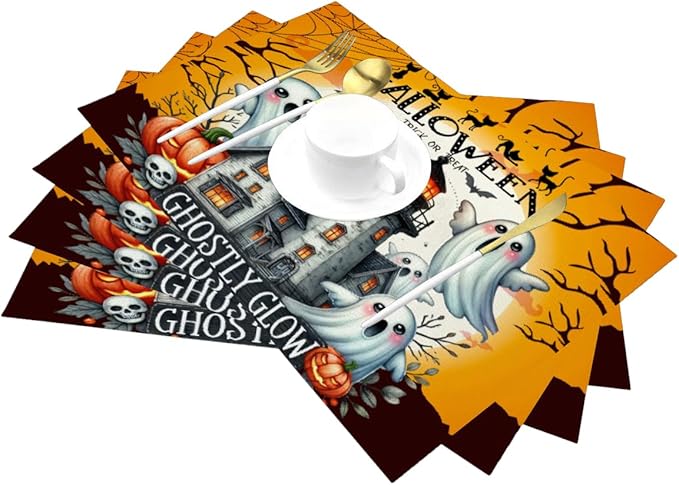 PVC Placemats Set of 1 Wipeable Table Mats Washable Heat Resistant Non Slip Vinyl Dining Table Mat for Kitchen Indoor Outdoor Patio Farmhouse Place Mats Black Halloween Castle Decorative