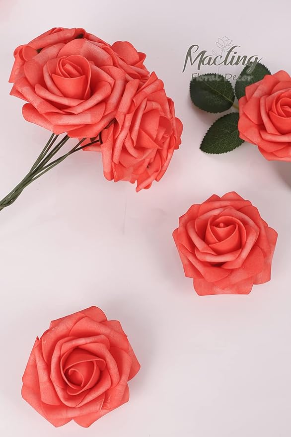 MACTING 30PCS Artificial Rose Flowers Real Touch Flowers with Stem Fake Roses for DIY Wedding Bouquet Table Centerpieces Party Holiday Baby Shower Home Spring Valentines Day Decorations,Coral Red