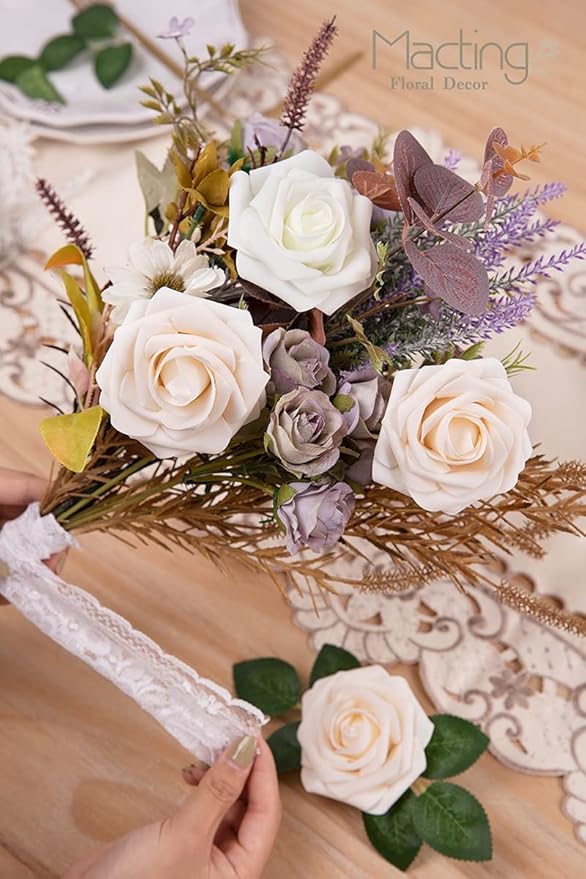 MACTING 60PCS Artificial Rose Flowers Real Touch Fake Flowers with Stem Foam Roses for DIY Weedding Bouquet Table Centerpieces Party Baby Shower Home Spring Mothers Day Decorations(Cream)
