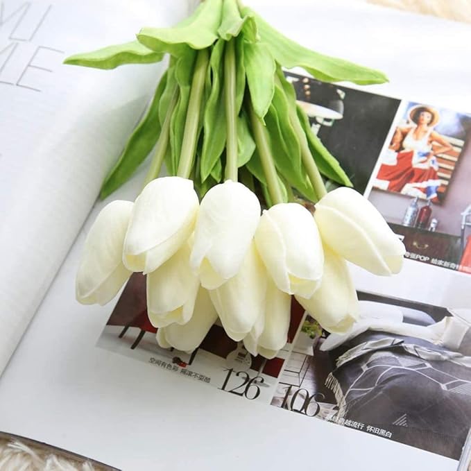 NIDONE Artificial Tulips Flowers Real Touch Tulips Holland PU Bouquet Latex Flower White for Wedding Party Office Home Kitchen Decoration 30pcs (White)