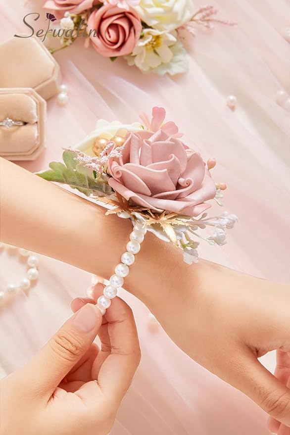 Serwalin Pink Corsage and Boutonniere Set 2 PCS, 6-7 Inch Boutonniere and Wrist Corsage Wristband Prom Flower Wedding Flowers Accessories Prom Suit Decorations Cake Topper
