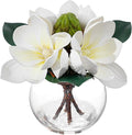 Artificial White Magnolia Flowers in Glass Vase with Faux Water, Real Touch Silk Magnolia Floral Arrangement, Fake Magnolia Centerpiece for Home Dining Table Office Bathroom Shelf Decoration