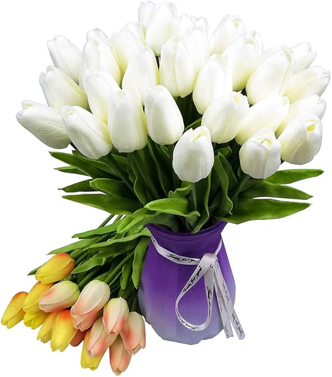 30pcs Artificial Tulips Flowers Real Touch Tulips Fake Holland PU Tulip Bouquet Latex Flower White Tulip for Wedding Party Office Home Kitchen Decoration (Pure White)