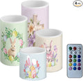 Flameless LED Battery Candles Waterproof Pillar Candles Tealights with 18-Key Timer Remote Colorful Lights for Indoor Outdoor Party Home Easter Decorations, Easter Bunny Egg Floral Retro