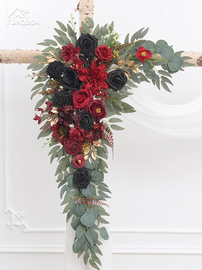 Artificial Flowers Wedding Arch Decor Arch Flowers (Set of 2) for Wedding Welcome Sign and Backdrop Decoration (Vintage red)