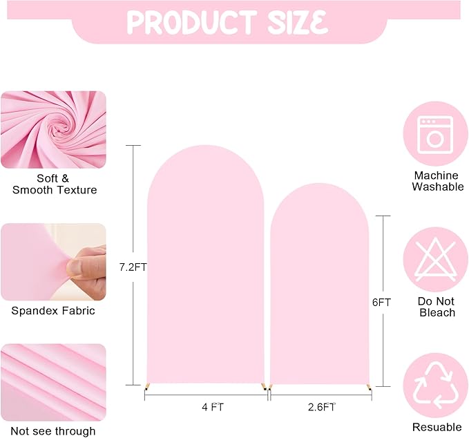 Baby Pink Arch Backdrop Covers - 7.2FT, 6FT Spandex Fitted Wedding Arch Stand Covers Round Top Chiara Stretchy Arch Backdrop Cover for Wedding Birthday Party Decoration