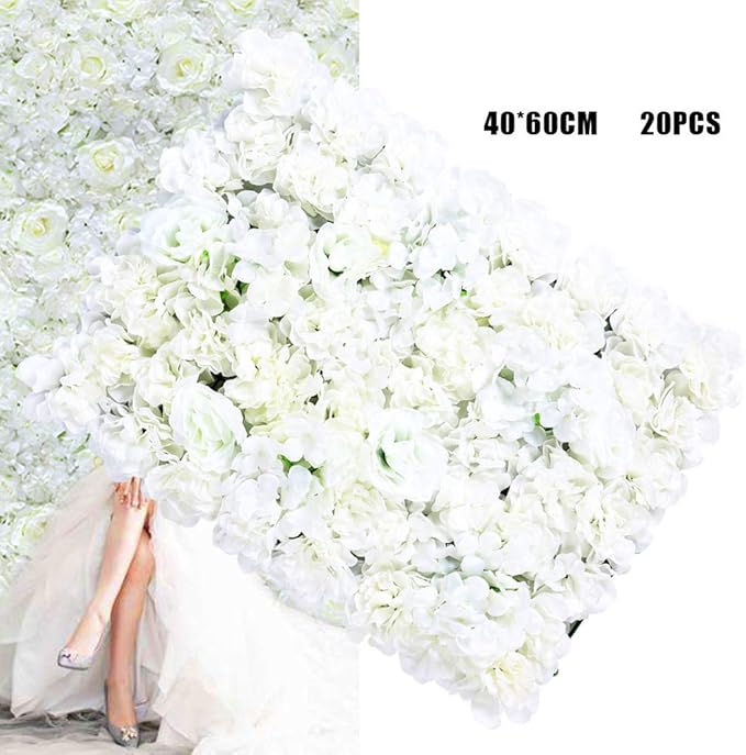 20 Pack Flowers Wall Panels Artificial Floral Wall Mat Handmade 3D Silk Rose Hydrangea Dahlia Floral Panels for Photo Background Home Party Wedding Backdrop Decoration, 24 x 16 inch (C)