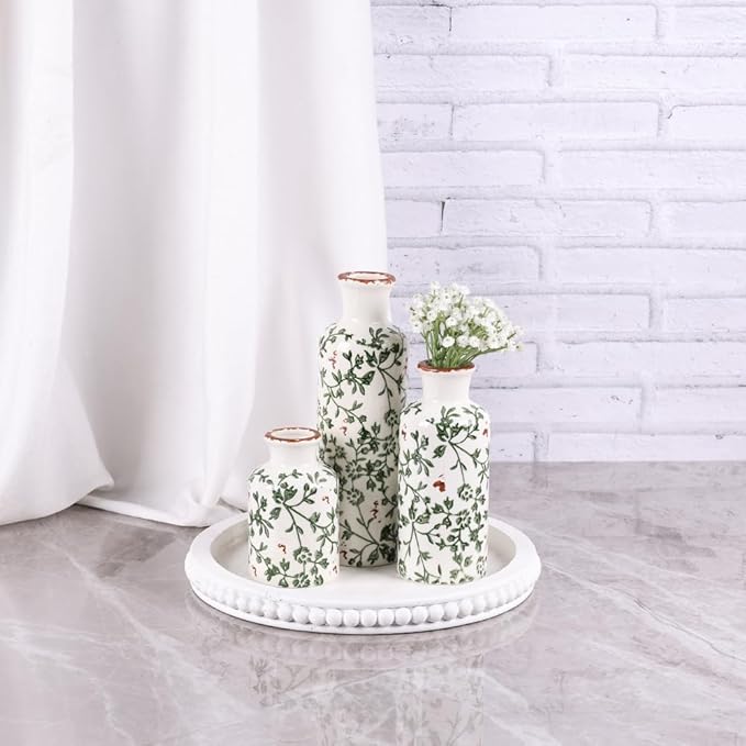 Green Chinoiserie Ceramic Vase Set of 3 – Vintage Green Floral Vases, Decorative Porcelain Vase Set for Flowers, Rustic Farmhouse & Cottage Core Home Decor, Living Room, Shelf & Table Centerpieces