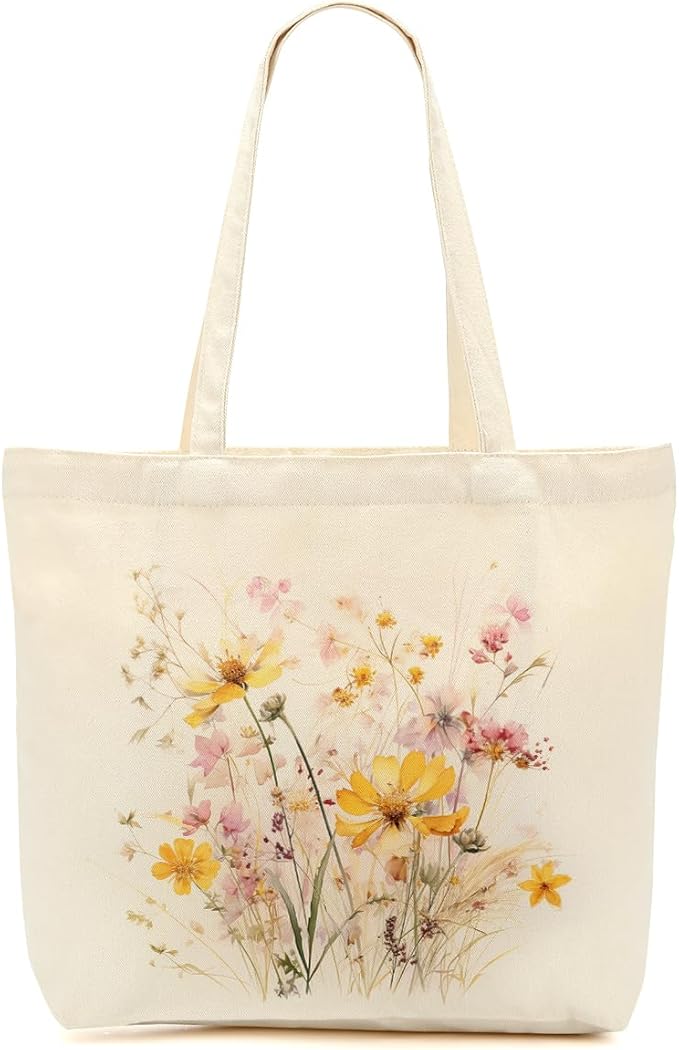 Aesthetic Floral Canvas Tote Bag for Women with Pocket, Tote Bags for Grocery Shopping Travel Christmas Birthday