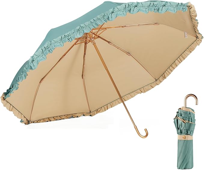 LCY Floral Edge Compact Umbrella Folding Anti-UV Parasol with Hook Handle Sunproof Rainproof & Windproof Umbrella
