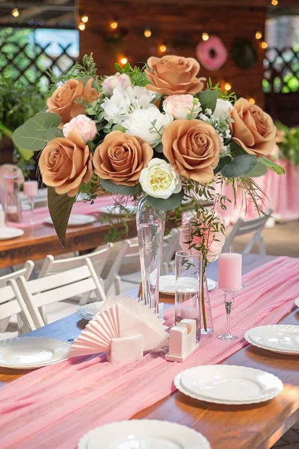12pcs Roses Artificial Flowers Terracotta Fake Roses Flowers with Long Stems Silk Flowers for Wedding Bouquet Centerpices Decorations Party Bridal Baby Shower Home Decor