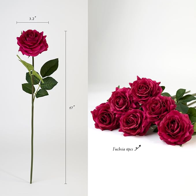Real Touch Artificial Roses 6pcs, Floyd Roses,17.3”Faux Silk Roses Bouquet for Home Decor, Wedding Centerpieces, Romantic Gifts & Party Arrangements, Fuchsia Realistic Flowers (Fuchsia)