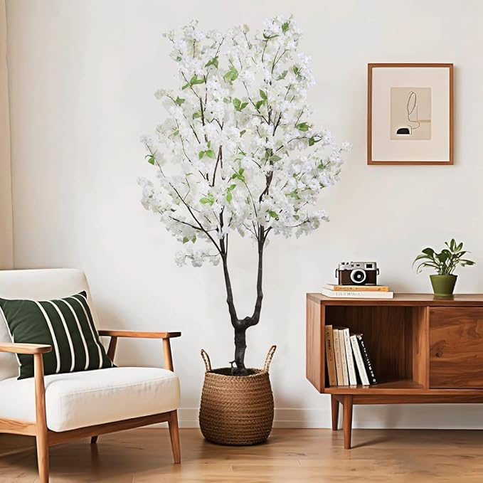 Artificial Cherry Blossom Tree Faux White Flower Tree,6 FT Fake Cherry Blossom Tree Indoor Outdoor for Home Decor
