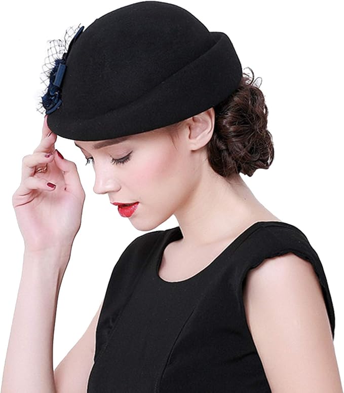 ORIDOOR Women Vintage 100% Wool Felt Flowers Bucket Cloche Bowler Hat Church Wedding Beret Hat