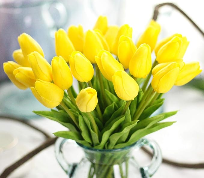 30pcs Artificial Tulips Flowers Real Touch Yellow Tulips Fake Holland PU Tulip Bouquet Latex Flowers for Wedding Party Office Home Kitchen Decoration (Yellow)