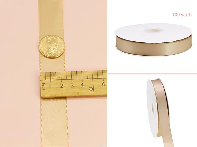 Champagne Double Faced Satin Ribbon for Christmas 1 inch Flower Boutique Gift Wrapping 25mm 100yards Fabric Silk Bow Ribbon- DIY Crafts Hair Headband-Sewing-Home Decorations