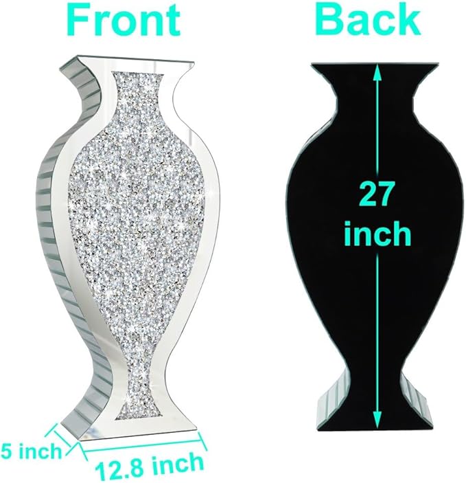 Tall Floor Vase S Crushed Diamond Mirrored Vase 27” Tall, Crystal Silver Glass Decorative Mirror Large Vase Luxury for Home Decor Flower Arrangement Can’t Hold Water.