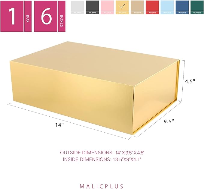 Christmas Large Gift Box with Lid 13.5x9x4.1 Inches, Gold Groomsman Proposal Gift Box with Magnetic Closure for All Occasion(Glossy Gold)