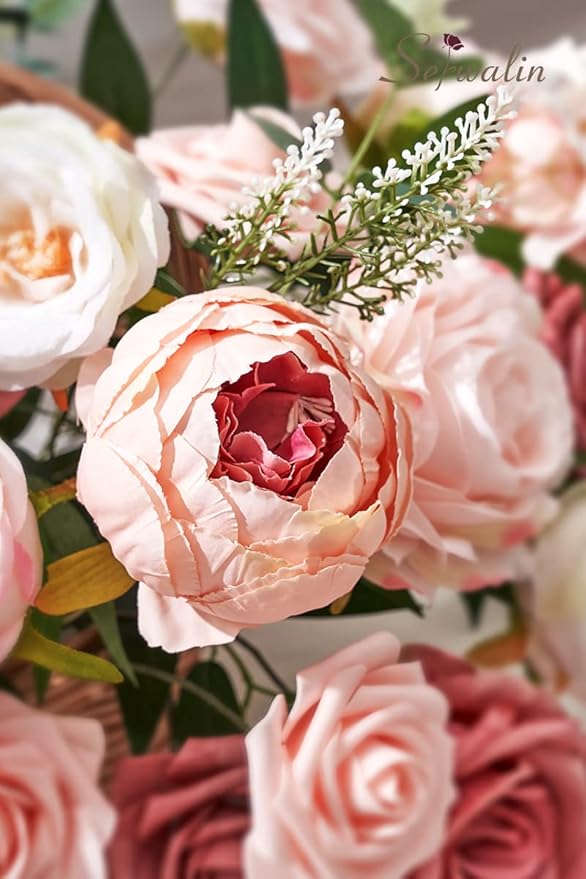 Serwalin 2PCS Artificial Flowers Pink Peonies Silk Flowers Fake Flowers Mixed Roses Combo Dusty Roses for DIY Wedding Bouquets Centerpieces Arrangements for Home Party Table Decor