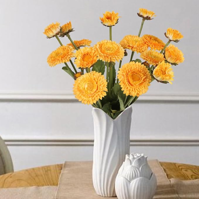 8pcs Yellow Artificial Daisies Silk Pot Marigold Flowers Realistic Faux Flowers for Vase Table Centerpiece Home Wedding Party Garden Decoration(Yellow)