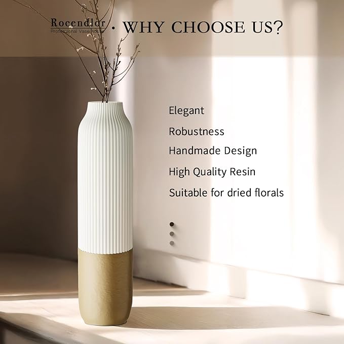 Tall Floor Vase, 23.6 inches (60cm) Tall Vases Sturdy, Luxury, Textured for Decorative Branches Dried Flowers, Floor Vase for Rustic, Living Room, Shelf Decor, Resin White