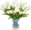 NIDONE Artificial Tulips Flowers Real Touch Tulips Holland PU Bouquet Latex Flower White for Wedding Party Office Home Kitchen Decoration 30pcs (White)