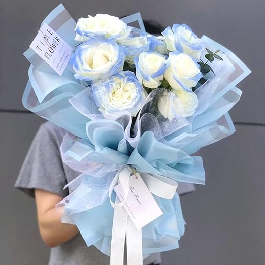 Jutieuo 20 Sheets Light Blue Flower Wrapping Paper, Waterproof Floral Wrap Blue Edge Bouquet Wrapping Paper Florist Supplies (22.8 x 22.8 inch)