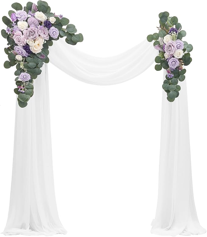 Floroom Arch Flowers with Drapes Kit (Pack of 4) - 2pcs Artificial Lilac Lavender Purple Floral Swag Arrangement with 2pcs Draping Fabric for Wedding Ceremony Arbor and Reception Backdrop Decoration