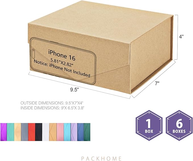 PACKHOME 6 Gift Boxes 9x6.5x3.8 Inches, Rectangle Collapsible Boxes with Magnetic Lids for Gift Packaging (Kraft)