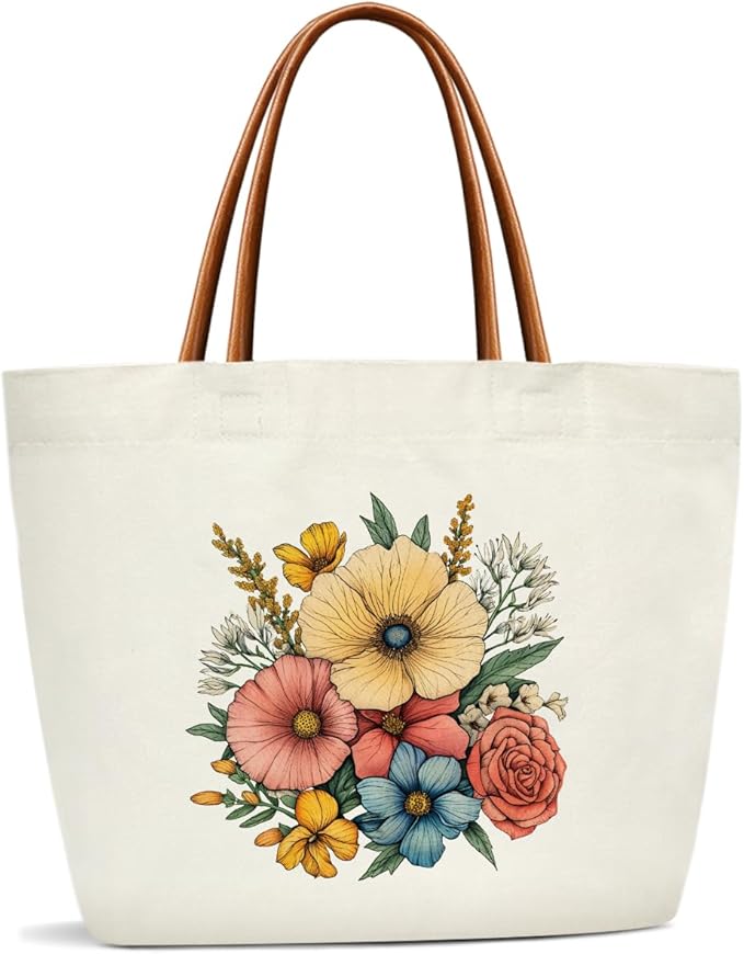 Floral Canvas Tote Bag For Women, Flower Tote Bags for Grocery Shoulder Bag for Work Beach Travel Gym, Beach Bag Shopping Handbag Motivational Gifts Birthday Gifts for Mom Teacher Friends -11