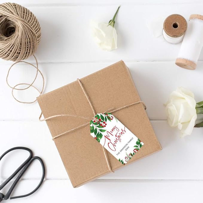 Andaz Press Personalized Christmas Holiday Season Classic Gift Tags, Merry Christmas Custom Family Name and Year, Holly Greenery Leaves Design, for Holiday Events, Parties, and Favors, 60-Pack