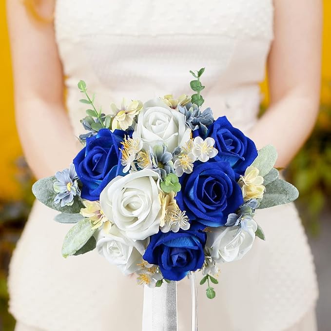 Rinlong 7“ Blue Wedding Bouquet for Bride Bridesmaid Artificial Toss Bouquet Royal Navy Blue Silk Bridal Bouquet Wedding Prom Bouquets