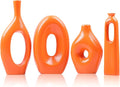 Orange Ceramic Vase Set of 4 - Round Hollow Boho Vases for Pampas Grass and Flowers Decor, Modern Minimalist Small Vases for Living Room, Bedroom, Fireplace, Coffee Table Decor and Centerpieces