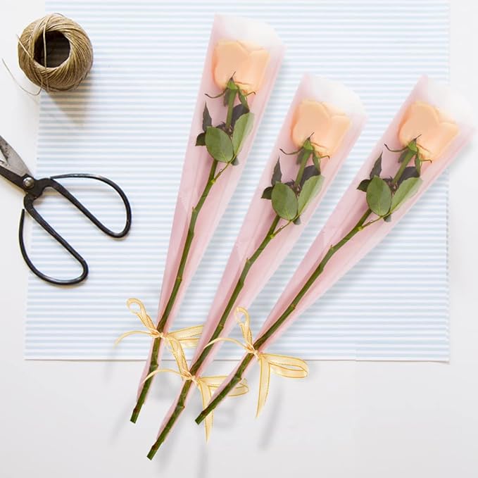 BEISHIDA 100 PCS Single Rose Sleeve Bouquet Bags Plastic Single Flower Wrapping Rose Packaging For Mother's Day Graduation Wedding Birthday Valentine's Day Party (Pink with Matte Back)