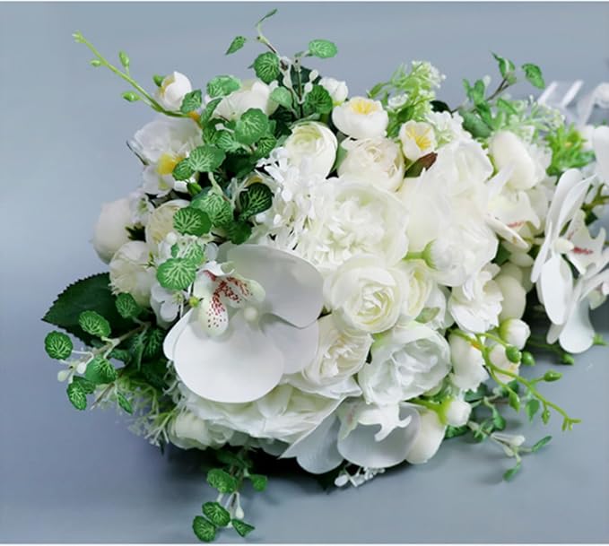 Wedding Cascading Bridal Bouquet, White Phalaenopsis Water Drop Waterfall Bridal Bouquet Artificial Flowers Roses Bride Bouquet for Wedding Party Bridal Shower Church Home Decoration