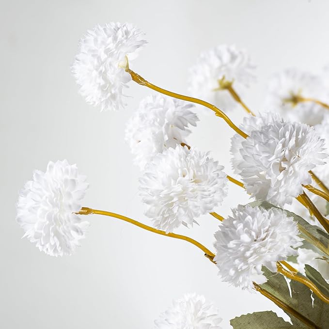 6 Artificial Silk Flowers + 3 Eucalyptus, Artificial Chrysanthemums with Stems for Home Decor, Ivory