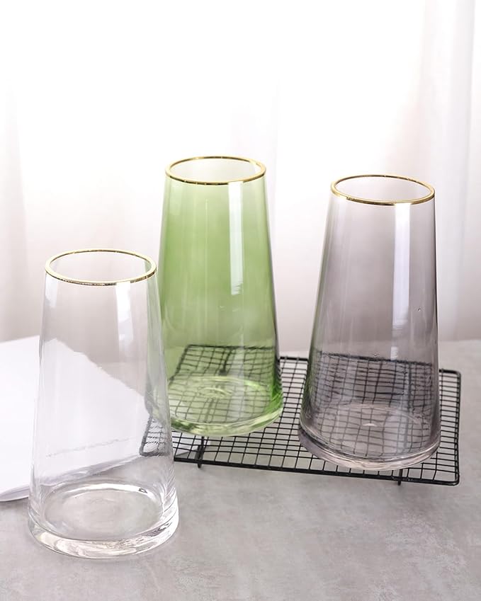 WHJY 9 inch Gray Clear Glass Vase for Table Centerpieces Home Décor, Flower vase Modern Glass Bottles Decorative-Gray