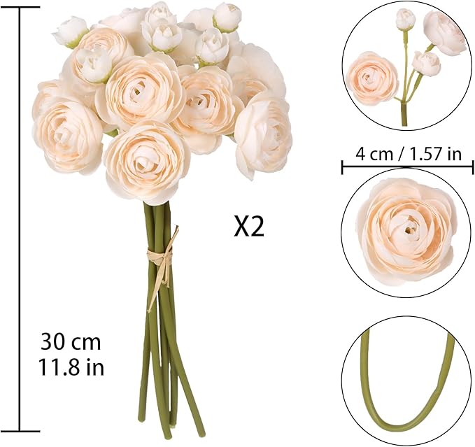 IPOPU Ranunculus Artificial Flowers 2 Bouquets Mini Cream Fake Flowers 12PCS Small Faux Ranunculus Decorative Flowers for DIY Wedding Bouquet Bridal Shower Filler Flowers Decorations (Cream)